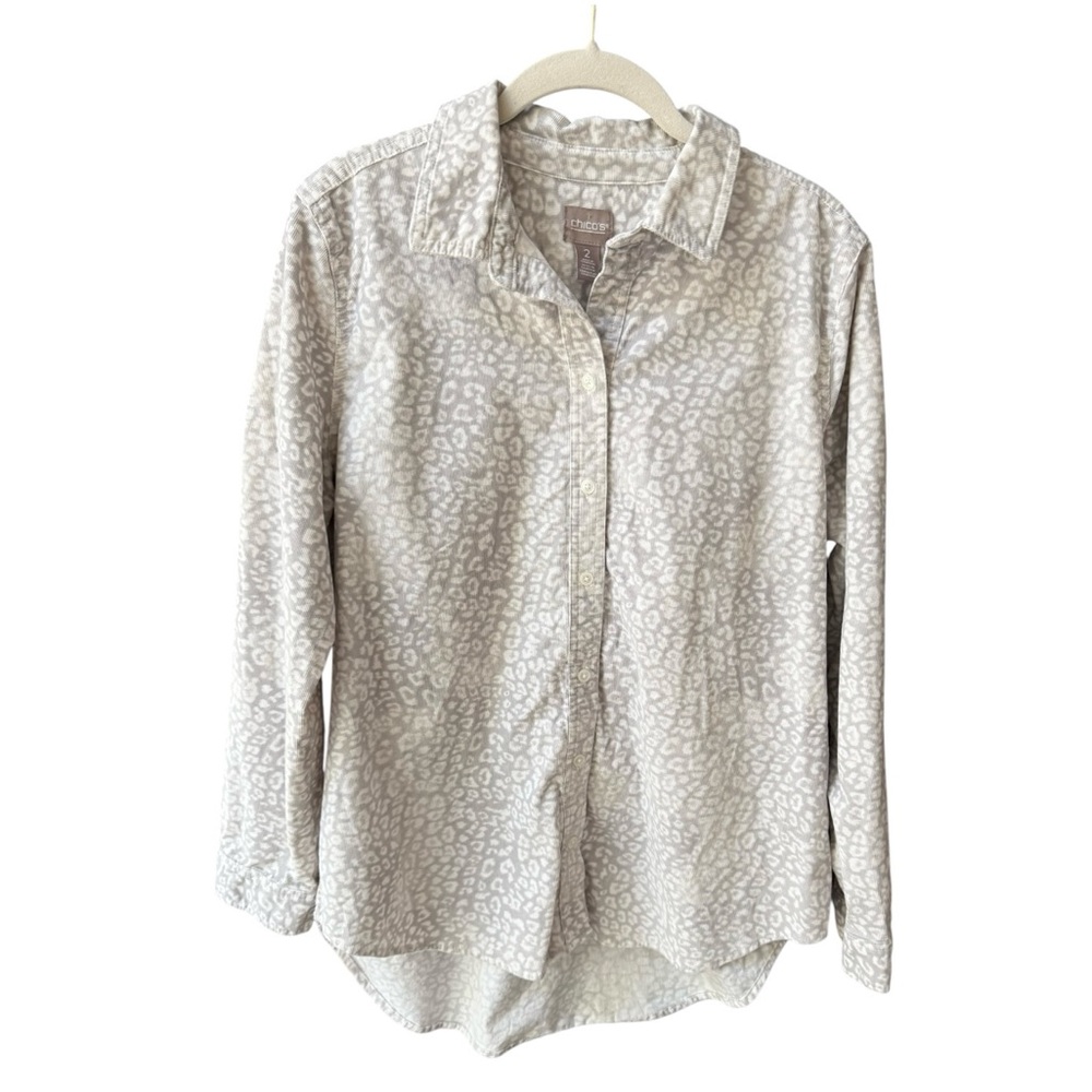 Chico's Corduroy Leopard Gray Button Down Shirt Women’s Large Chico’s 2 Casual